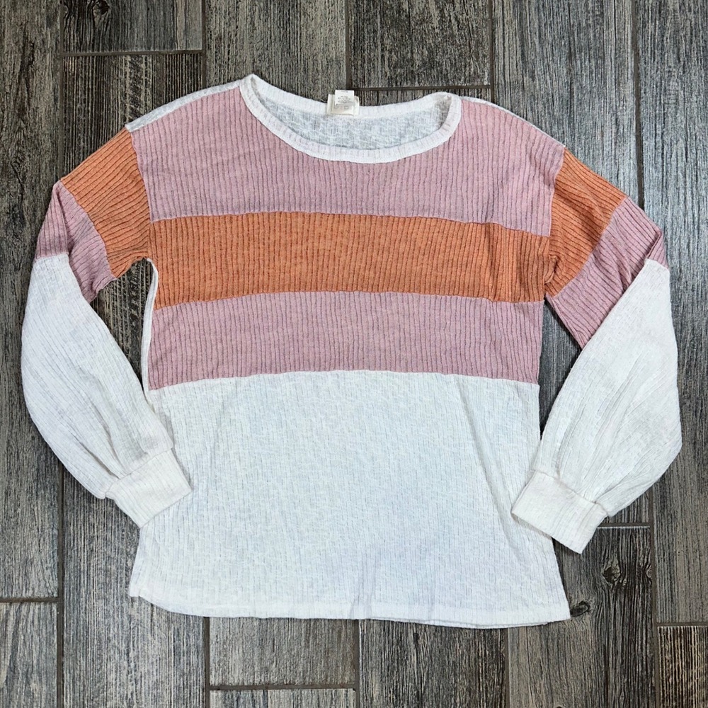 BiBi! Women's Long‎ Sleeve T-Shirt Color Block White Pink Orange Pullover Top